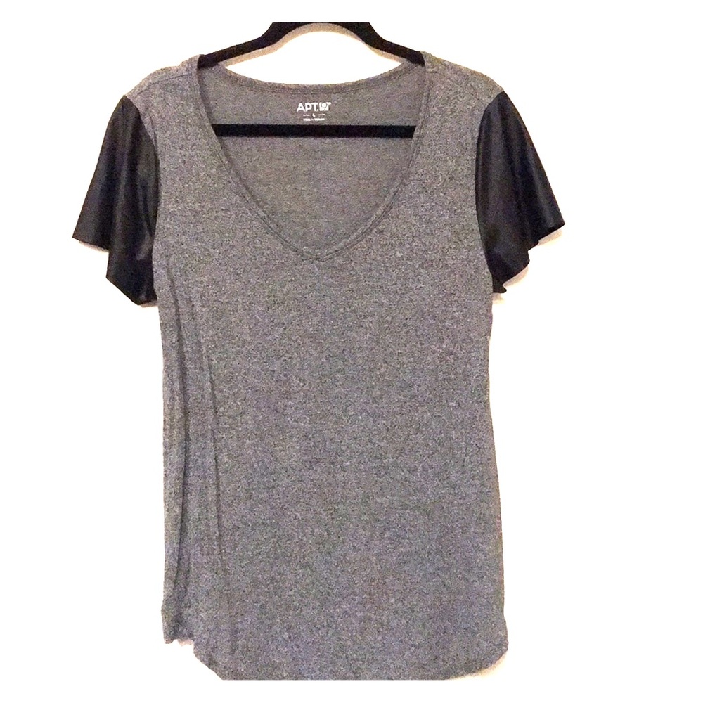 APT 9 grey v-neck shirt with faux leather sleeves
